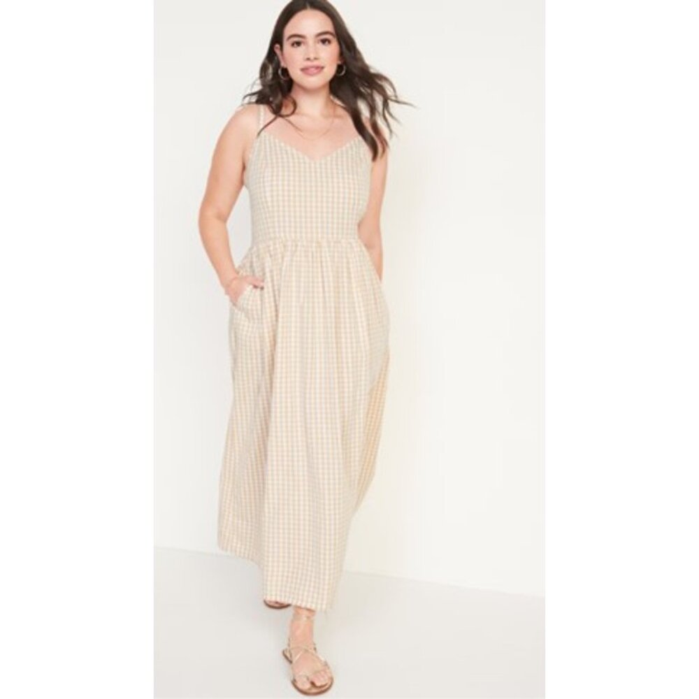 Old Navy Tan & White Gingham Maxi Dress